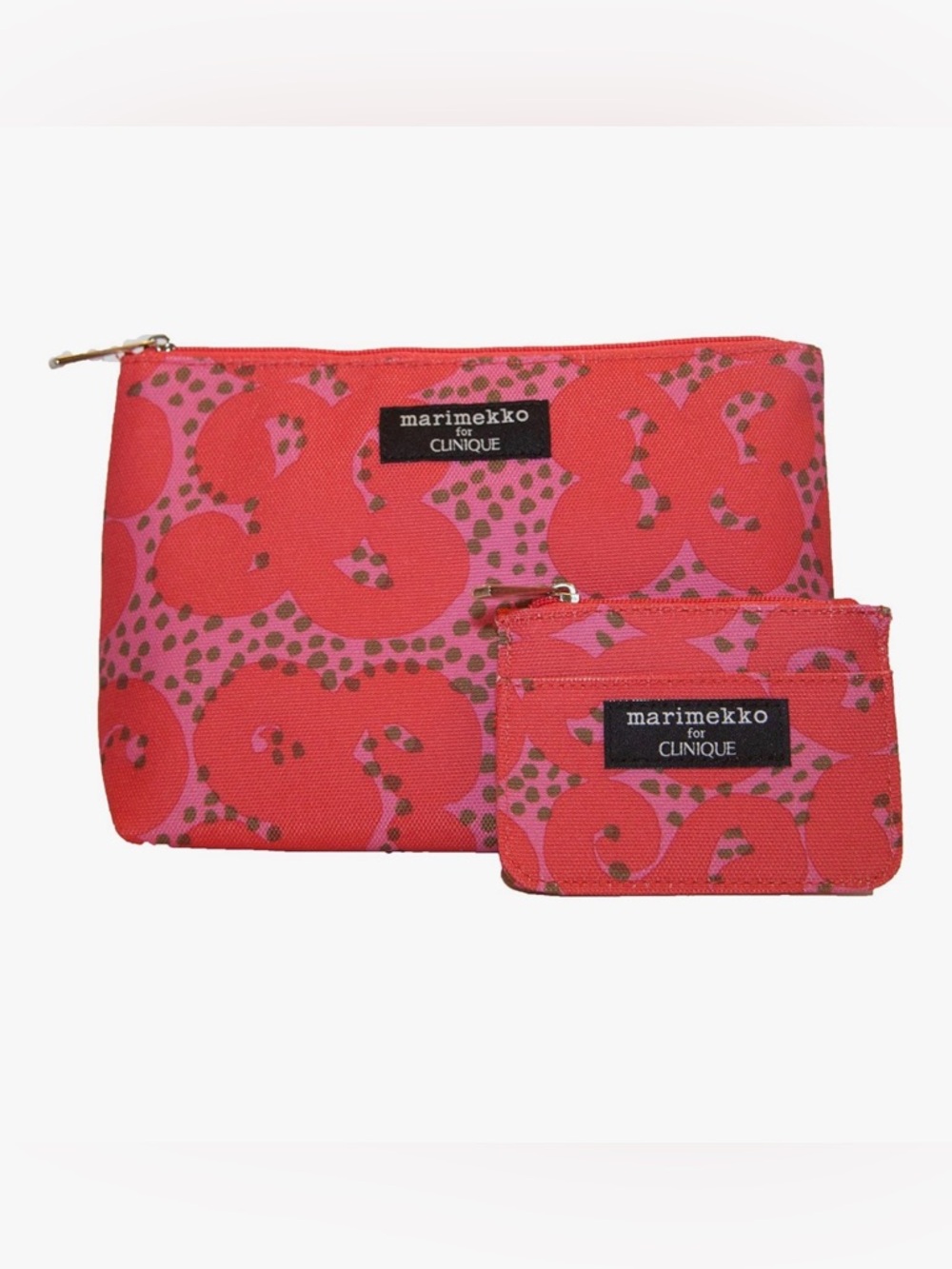 Marimekko for Clinique set,red& pink floral cosmetic bag matching card holder.